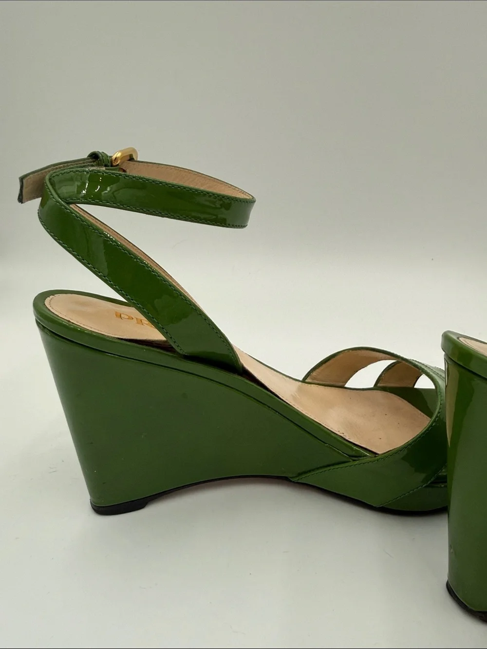 Prada Patent Green Wedge Sandals with Ankle Strap